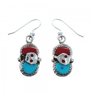 Turquoise And Coral Snake Sterling Silver Zuni Effie Calavaza Hook Dangle Earrings JX127866