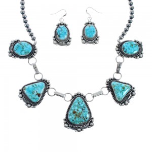 Turquoise Navajo Sterling Silver Link Necklace Earrings Jewelry Set AX127975