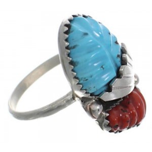 Native American Silver Turquoise And Coral Ring Size 8-1/4 FX26923
