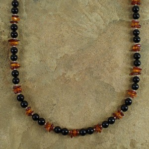 Onyx And Amber Sterling Silver Native American Bead Necklace AX100250