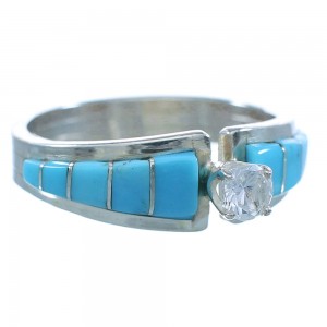 Zuni Indian Sterling Silver CZ And Turquoise Ring Size 8-3/4 RX112197