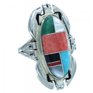 Native American Navajo Multicolor Inlay And Sterling Silver Ray Jack Ring Size 6-3/4 TX103524