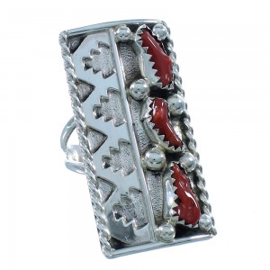Native American Navajo Authentic Sterling Silver Coral Ring Size 7-1/2 TX104111