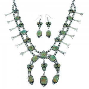 Fox Turquoise Sterling Silver American Indian Squash Blossom Necklace Set RX105256