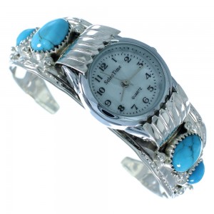 Navajo Genuine Sterling Silver Flower Turquoise Cuff Watch SX105582