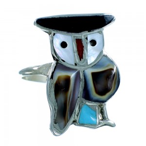 American Indian Genuine Sterling Silver Multicolor Owl Ring Size 4-3/4 RX106219