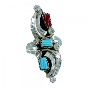 Authentic Sterling Silver Turquoise Coral American Indian Zuni Indian Leaf Ring Size 7-3/4 RX106542