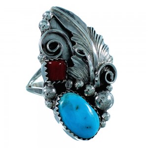 Navajo Indian Leaf Turquoise And Coral Genuine Sterling Silver Ring Size 8-3/4 SX106414