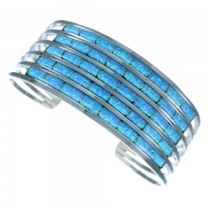 Genuine Sterling Silver Blue Opal Inlay Zuni Indian Cuff Bracelet RX107143