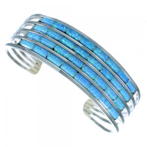 Blue Opal Inlay Authentic Sterling Silver Zuni Cuff Bracelet RX107147