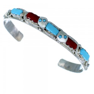Turquoise Coral Zuni Effie Calavaza Snake Sterling Silver Cuff Bracelet SX107533