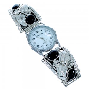 Onyx Sterling Silver Scalloped Leaf Navajo Watch SX107564