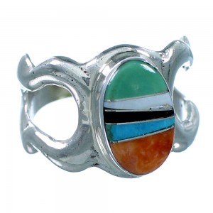 Authentic Sterling Silver And Multicolor Inlay Navajo Ring Size 8-1/4 SX107892