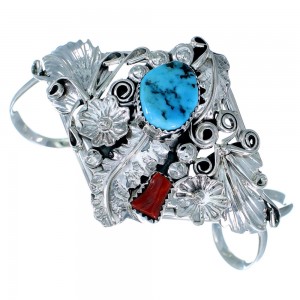 Genuine Sterling Silver Flower And Leaf Navajo Turquoise Coral Jewelry Cuff Bracelet RX108396