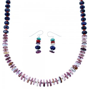 Native American Multicolor Sterling Silver Bead Necklace And Earrings Set SX108674