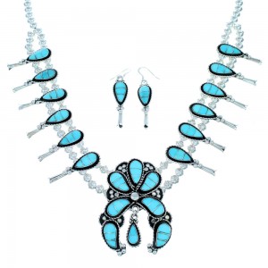Zuni Indian Authentic Sterling Silver Turquoise Inlay Squash Blossom Necklace Set SX108784