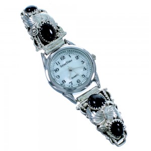 Onyx Scalloped Leaf Navajo Sterling Silver Watch SX109359