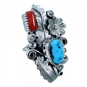 Flower And Leaf Navajo Turquoise Coral Sterling Silver Ring Size 7-3/4 SX109706