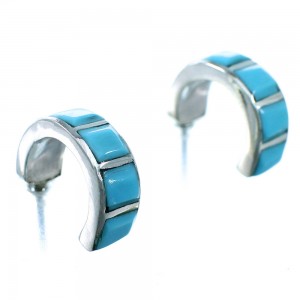 Authentic Sterling Silver And Turquoise Inlay Zuni Post Hoop Earrings SX110069