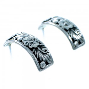 Authentic Sterling Silver Navajo Flower And Leaf Post Hoop Earrings SX110052