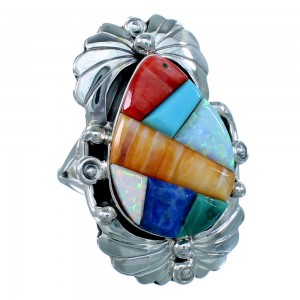 Genuine Sterling Silver Native American  Multicolor Cobble Inlay Ring Size 8-3/4 RX110886