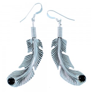 Onyx Sterling Silver Feather Hook Dangle Earrings RX110928