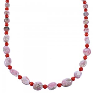 Rhodochrosite And Coral Genuine Sterling Silver American Indian Bead Necklace RX110998