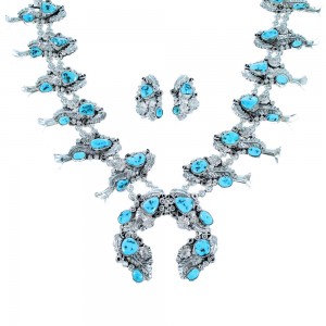 Sterling Silver Flower And Leaf Navajo Turquoise Squash Blossom Necklace Set SX111194