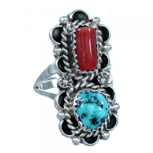 Genuine Sterling Silver Navajo Turquoise Coral Ring Size 8 SX111597