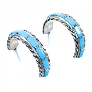 Turquoise Inlay Sterling Silver Zuni Post Hoop Earrings SX111880