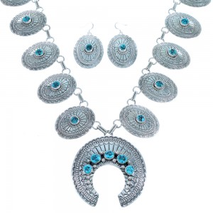 Navajo Turquoise Sterling Silver Concho Squash Blossom Necklace Set SX111761