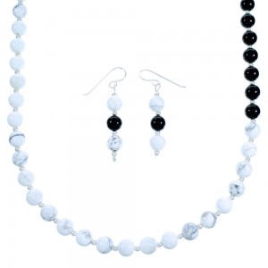Authentic Sterling Silver American Indian Onyx Howlite Bead Necklace And Earrings LX114022