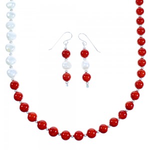 Genuine Sterling Silver Navajo Fresh Water Pearl And Coral Bead Necklace And Earrings LX114026