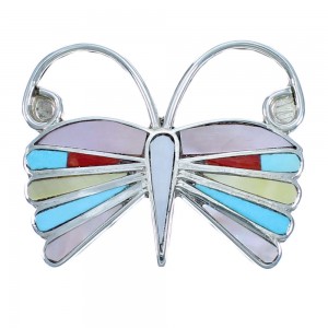 Multicolor Inlay Sterling Silver Zuni Butterfly Pin Pendant SX115612