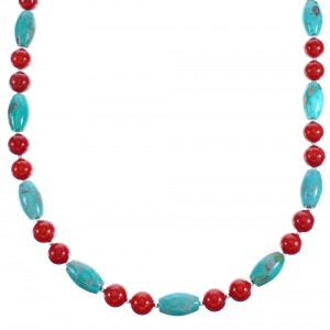 Turquoise and Coral Sterling Silver Bead Necklace DX116075