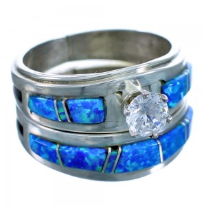 Cubic Ziconia Blue Opal Sterling Silver Zuni Wedding Ring Size 8 JX127067