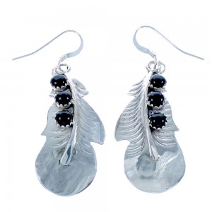 Navajo Sterling Silver Onyx Feather Hook Dangle Earrings DX117264
