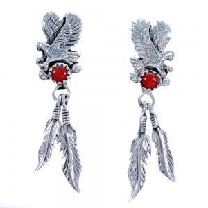 Coral Sterling Silver Feather Eagle Native American Post Dangle Earrings DX117440