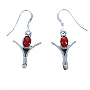 Navajo Coral Sterling Silver Hook Dangle Earrings DX117474