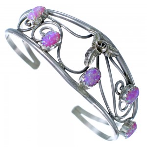 Navajo Authentic Sterling Silver Pink Opal Flower And Leaf Cuff Bracelet RX117416