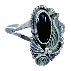 Sterling Silver Scalloped Leaf Native American Onyx Ring Size 7-3/4 BX118441