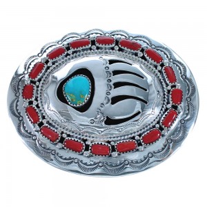 Coral and Turquoise Navajo Bear Paw Design Genuine Sterling Silver Belt Buckle CB118557