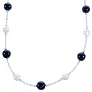 Onyx Fresh Water Pearl Sterling Silver Bead Necklace BX118708