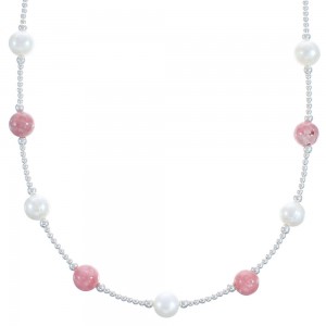 Rhodochrosite Sterling Silver Fresh Water Pearl Bead Necklace BX118726