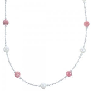 Rhodochrosite Fresh Water Pearl Sterling Silver Bead Necklace BX118727