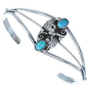 Blue Opal and Sterling Silver Native American Leaf Cuff Bracelet CB118402