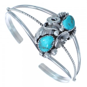 Navajo Turquoise Sterling Silver Flower And Scalloped Leaf Cuff Bracelet BX120226