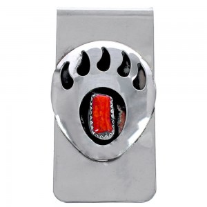 Navajo Sterling Silver Bear Paw Coral Money Clip BX120450