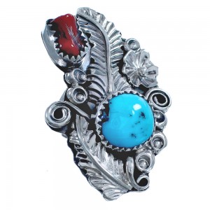 Navajo Flower Turquoise Coral Sterling Silver Ring Size 6-3/4 BX120028