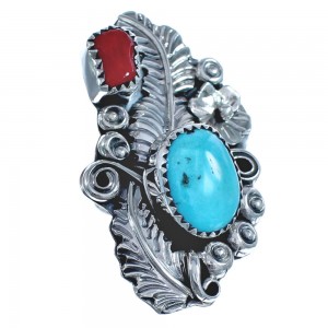 American Indian Flower Turquoise Coral Sterling Silver Ring Size 7-1/2 BX120030